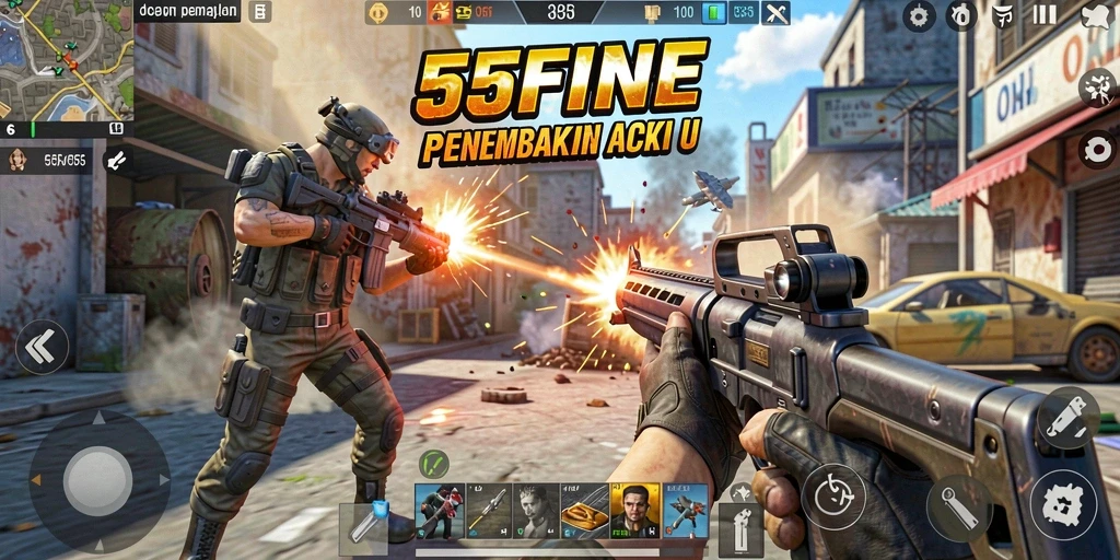 Tangkapan layar dari gameplay mendebarkan 55FIVE yang menunjukkan aksi TPS.