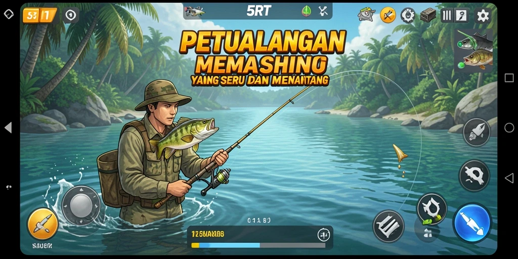 Screenshot gameplay <strong>5RT</strong> menampilkan pemain yang sedang memancing di danau indah.