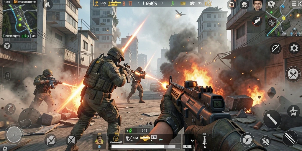Screenshot utama 66K menunjukkan aksi seru dalam pertempuran FPS.