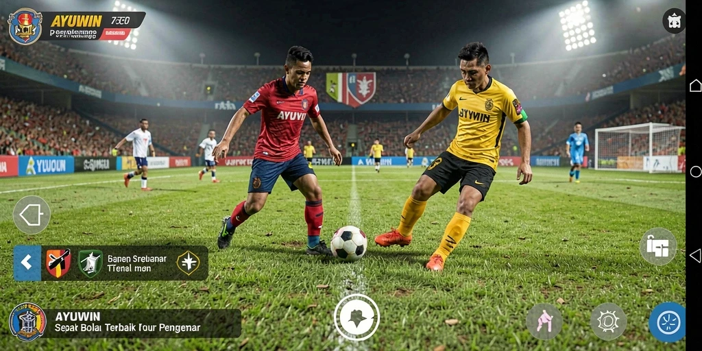 Tampilan gameplay AYUWIN menampilkan aksi dramatis dalam pertandingan sepak bola.