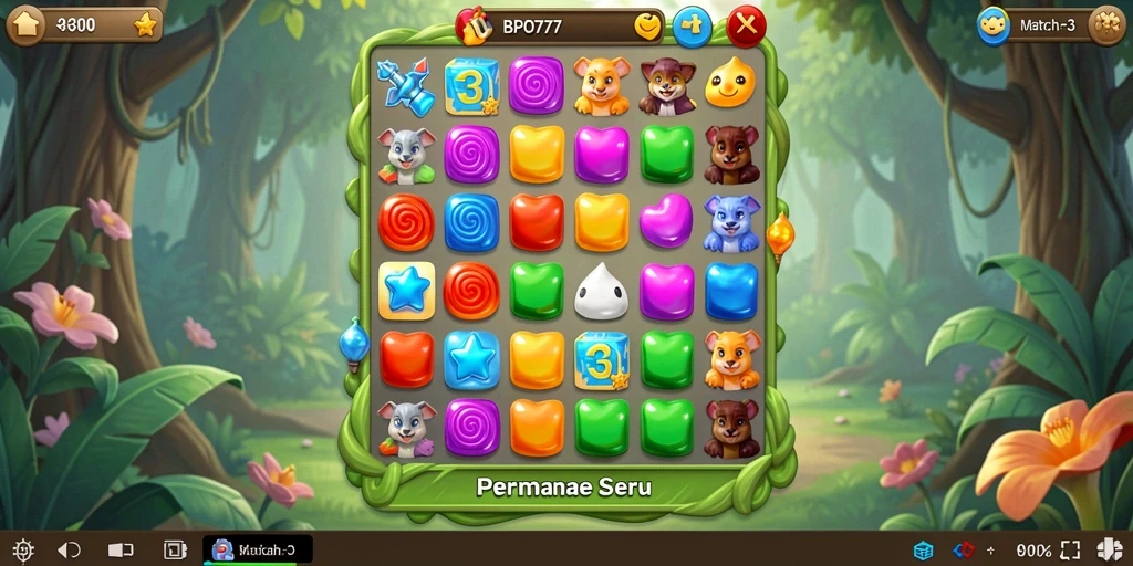 Screenshot menampilkan gameplay seru dari BPO777 dengan level Match-3 yang menantang.