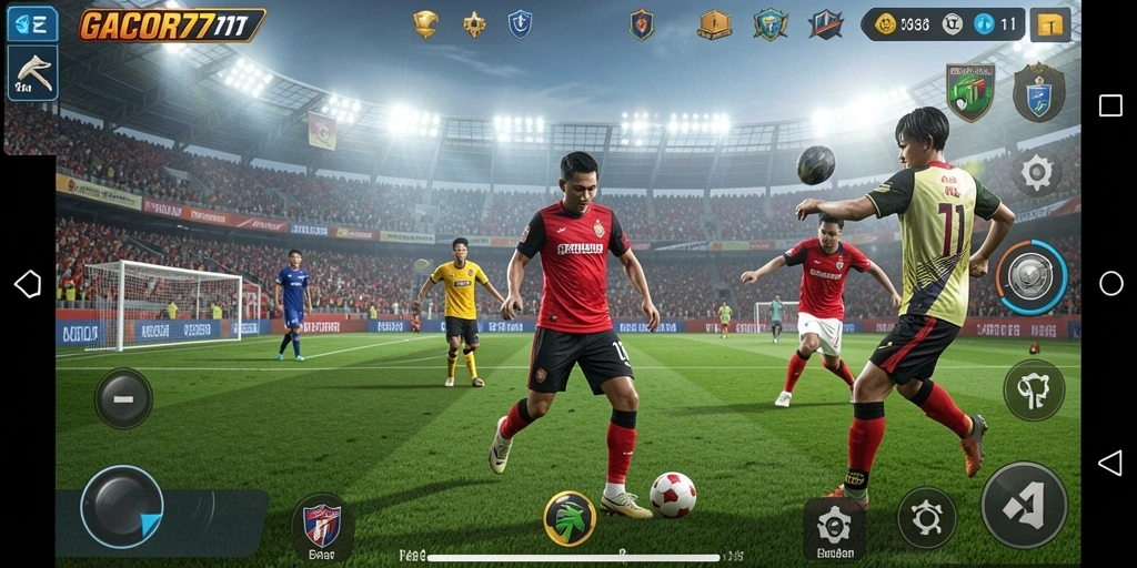 Tampilan gameplay GACOR77 dengan aksi sepak bola yang seru.