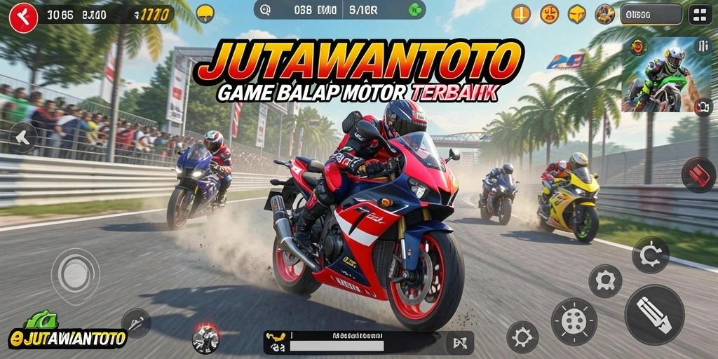 Tangkapan layar utama menunjukkan aksi balap motor yang intens.