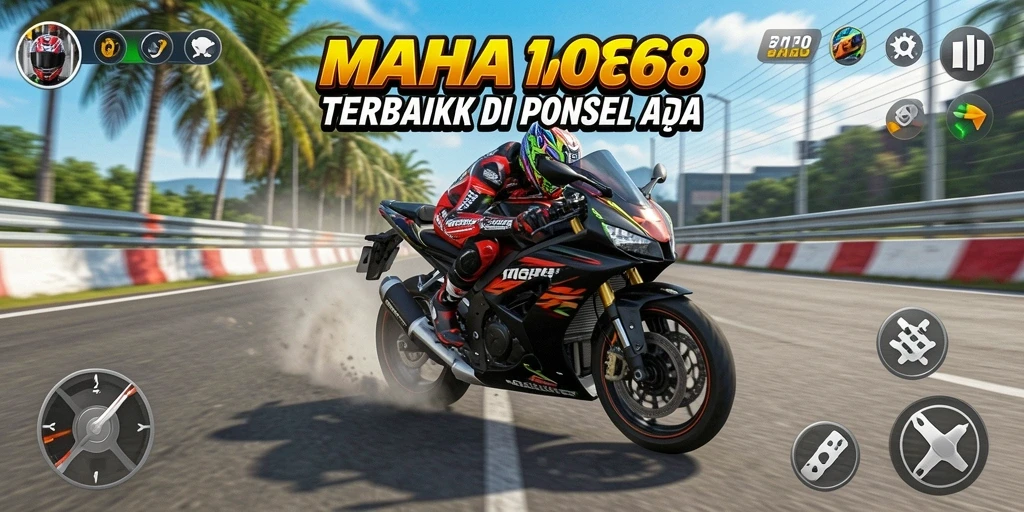 Tampilan gameplay seru di MAHA168 dengan balapan motor yang mendebarkan.
