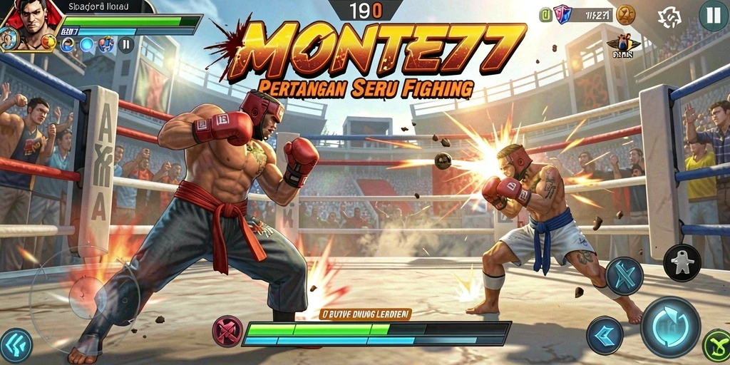 Screenshot utama MONTE77 menampilkan aksi pertarungan yang intens dan grafis yang menawan.