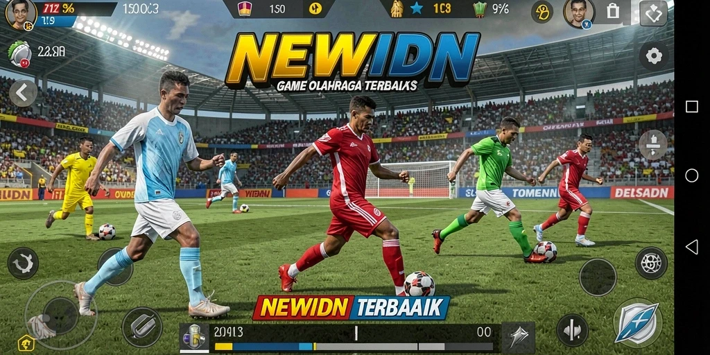 Screenshot utama NEWIDN menampilkan aksi mendebarkan dalam permainan olahraga.