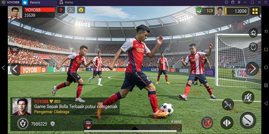 Screenshot gameplay menunjukkan aksi seru di lapangan sepak bola.